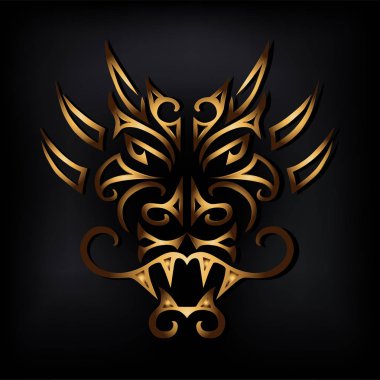 Golden dragon head isolated on black background. Stylized Maori face tattoo. Golden dragon mask. Symbol of Chinese Horoscope by years. Vector illustration. vector Golden dragon head isolated on black background. Stylized Maori face tattoo. Golden dragon mask. Symbol of Chinese Horoscope by years. Vector illustration. vector