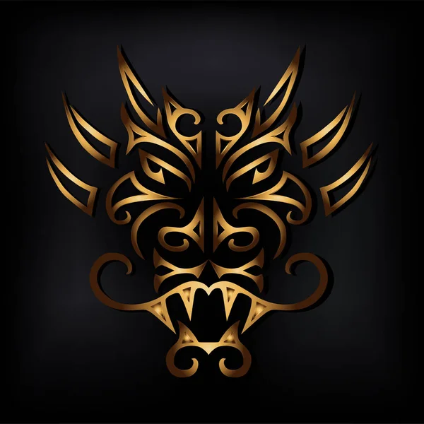 ゴールデン ドラゴン ヘッドが黒い背景に分離されました マオリの様式化された顔のタトゥー ゴールデン ドラゴン マスク 年中国星座のシンボルです ベクトル図 — ストックベクタ