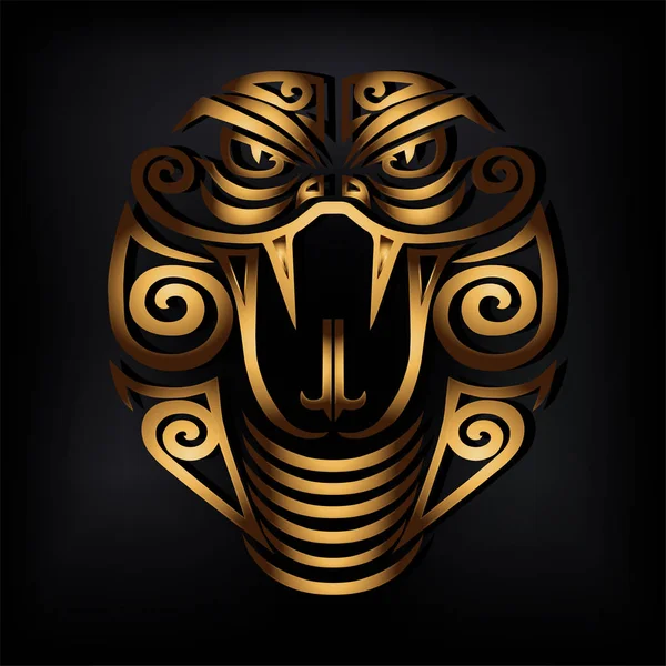 Goldener Schlangenkopf Isoliert Auf Schwarzem Hintergrund Stilisierte Maori Gesichtstätowierung Goldene — Stockvektor