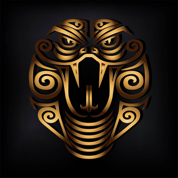 Голова Золотой Змеи изолирована на черном фоне. Стилизованная татуировка на лице маори. Маска Золотой Кобры. Символ китайского гороскопа по годам. Векторная иллюстрация
.