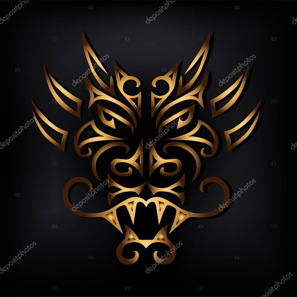 Golden dragon head isolated on black background. Stylized Maori face tattoo. Golden dragon mask. Symbol of Chinese Horoscope by years. Vector illustration.