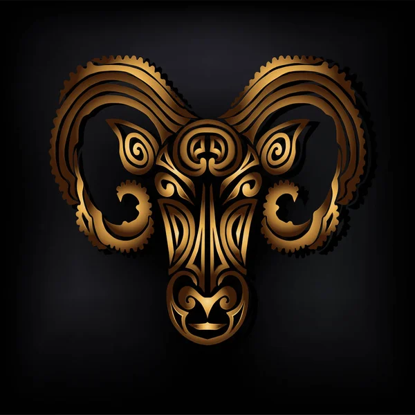 黒の背景に分離された黄金の Ram ヘッドのロゴ マオリの様式化された顔のタトゥー 黄金の羊マスク 年中国星座のシンボルです 金の羊毛 ベクトル図 — ストックベクタ
