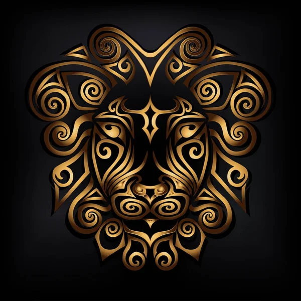 Golden Lion Head Isolated Black Background Stylized Maori Face Tattoo — Stock Vector