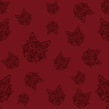 Kurt veya husky köpek baş ile Seamless Modeli Maori yüz dövme stilize. Köpek Çince 2018 yeni yılın sembolüdür. Vektör.