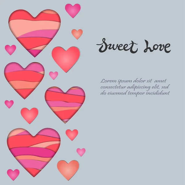 Carte Avec Papier Coupé Coeurs Sweet Love Lettrage Dessiné Main — Image vectorielle
