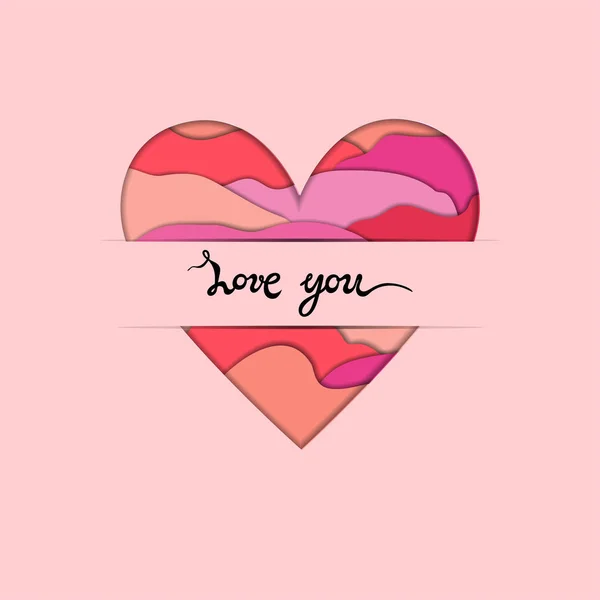 Paper Cut Heart Love You Hand Drawn Lettering Pink Background — Stock Vector