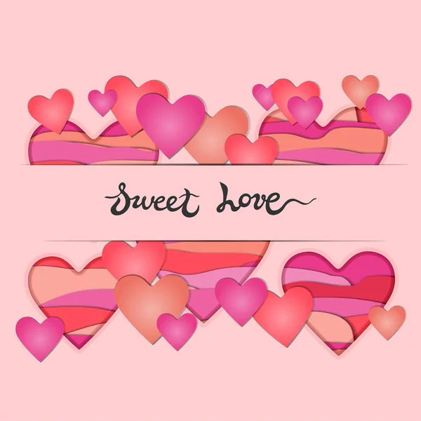 Card Paper Cut Hearts Sweet Love Hand Drawn Lettering Pink — Stock Vector