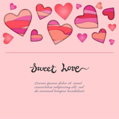 Pembe bir arka plan üzerinde çizilmiş yazı kağıt kesme kalpleri ve tatlı aşk kartı ver. St. Valentine's Day, davet, parti, anne gün, tebrik kartı için şablon. Vektör çizim.
