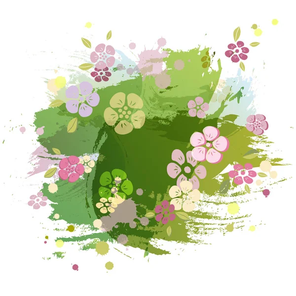 Pittura Acquerello Imitazione Sfondo Verde Con Fiori Rosa Modello Carino — Vettoriale Stock