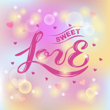 Pastel renk arka plan üzerinde izole tatlı aşk metin. Elle çizilmiş aşk yazı Sevgililer günü logosu, rozet, simgesi. St. Valentine's Day, davet, parti, tebrik kartı, web, düğün için şablon.
