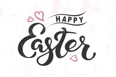 Mutlu Paskalya metin üzerinde dokulu arka plan izole. Elle çizilmiş yazı Paskalya logo, rozet, simgesi. Mutlu Paskalya günü, yeni yıl eğlencesi daveti, tebrik kartı, web, kartpostal için şablon. Vektör çizim.