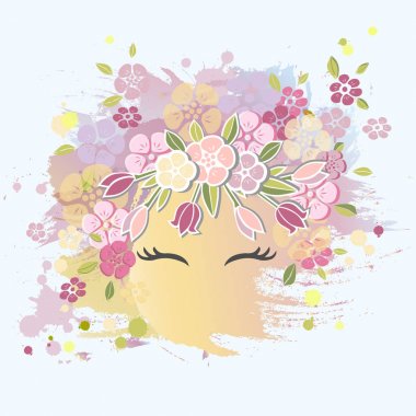 Vektör çizim gülümseyen kız yüz, çiçek çelenk. Sıcak sezon kartpostal, kadının günü, anneler günü, Çin yeni yılı, kız doğum günü, Japon kız gün için şablon. Suluboya taklit