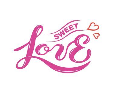 Beyaz arka plan üzerinde izole tatlı aşk metin. Aşk yazı logo, rozet, simge, yama, etiket elle çizilmiş. St. Valentine's Day, davet, parti, tebrik kartı, web için şablon.