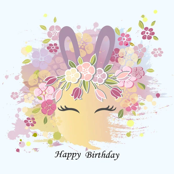 Vector Illustration Bunny Ears Smiling Eyes Floral Wreath Cute Rabbit — Stock Vector