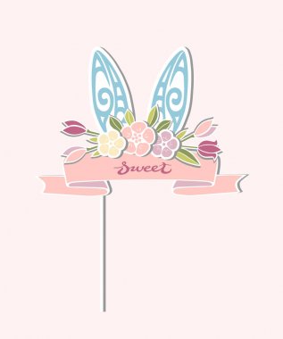 İyi adam, yama, etiket olarak vektör çizim tavşan kulakları, çiçek çelenk ve pembe kurdele ile. İyi adam veya dekorasyon bebek doğum günü, Bunny doğum günü partisi, bir yıl doğum günü için.