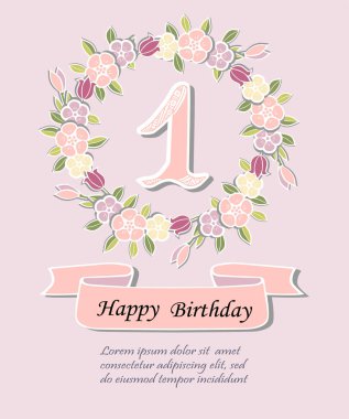 Bir arka plan üzerinde izole çiçek çelenk ile. Bebek doğum günü, yeni yıl eğlencesi daveti, tebrik kartı için şablon. Şirin bir ilk yıl yıldönümü logo, yama, etiket olarak