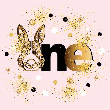 Vektör çizim altın bir tavşan kafası. Bebek doğum günü, yeni yıl eğlencesi daveti, tebrik kartı, t-shirt tasarım şablonu. Sevimli bir ilk yıl yıldönümü logo, yama, etiket olarak.