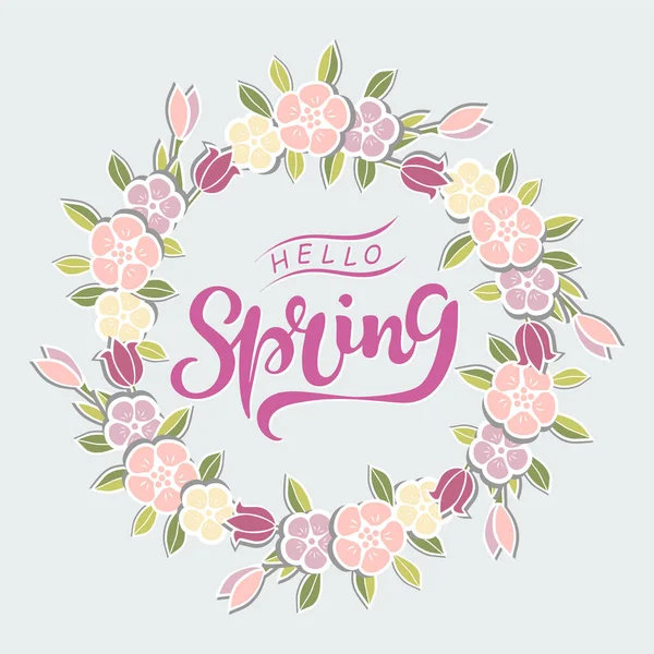Odręcznie Napis Przywitaj Wiosnę Białym Tle Tle Wieniec Kwiatów Literowanie — Wektor stockowy
