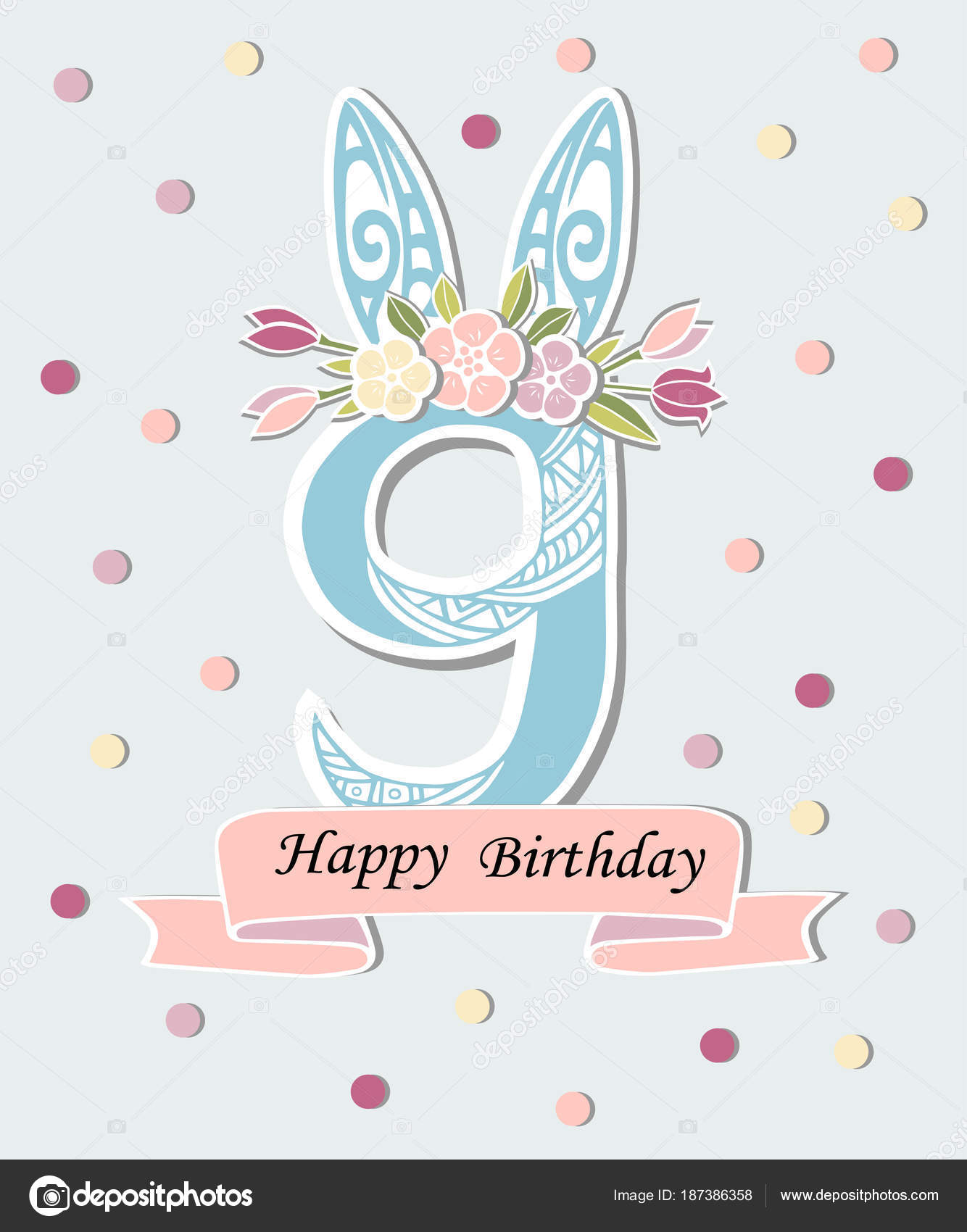 Ilustración Vectorial Con Número Nueve Orejas Conejo Corona Flores  Plantilla Vector de stock #187386358 de ©NataliaVarlamova, image size:1334x1700