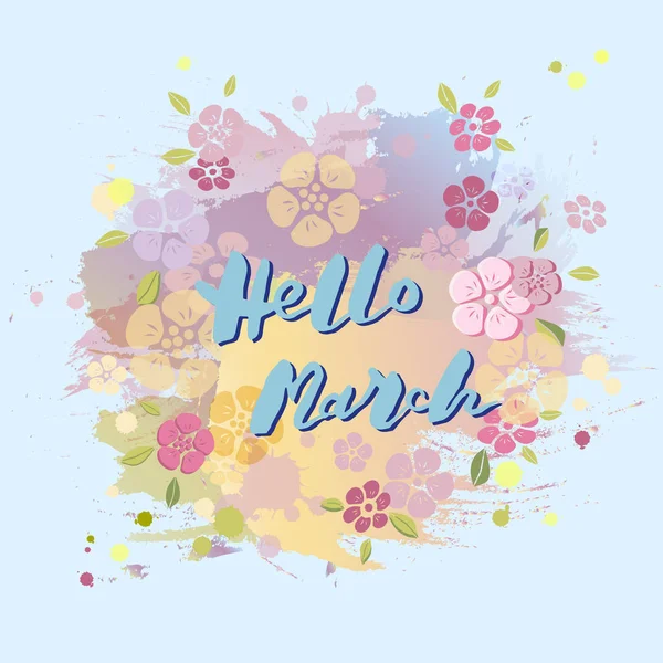 Escrito Mano Hola Marzo Aislado Sobre Fondo Colores Pastel Lettering — Vector de stock