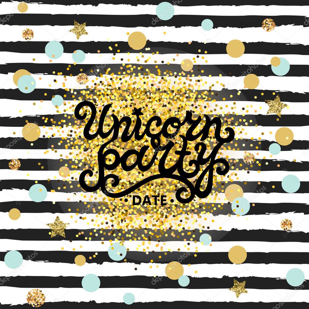 Welcome Unicorn Party text isolated on striped background. Hand drawn Unicorn party lettering as logo, badge, stick cake topper. Template for party, birthday, invitation. Pattern with black stripes.