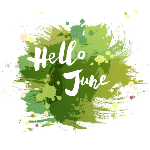 Handwritten Lettering Hello June Isolated Watercolor Painting Imitation Background Lettering — Stock Vector