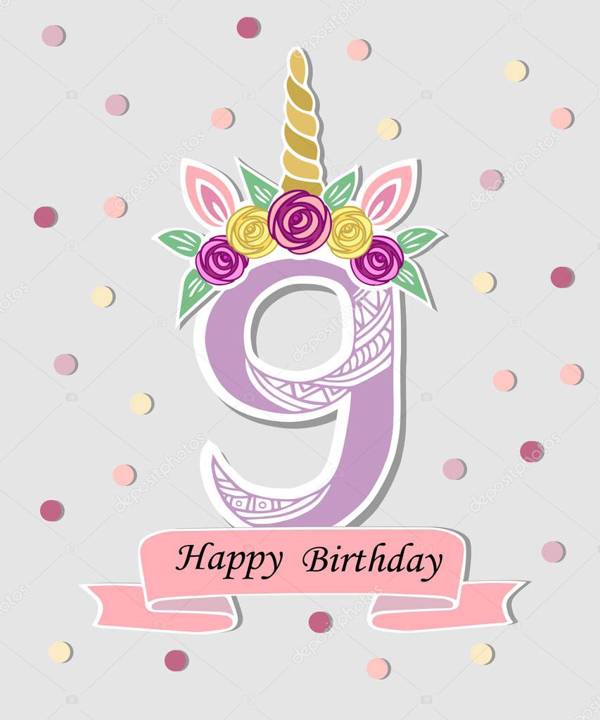 Vector illustration with number Nine, Unicorn Horn, ears and flower wreath. Template for birthday, party invitation, greeting card. Cute Number Nine as logo, patch, sticker.