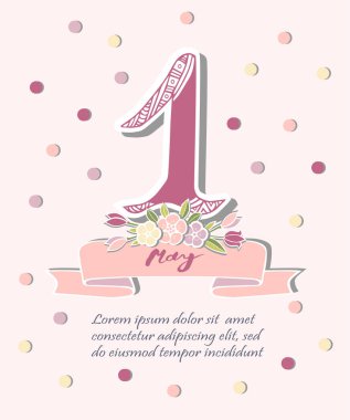 Çiçek çelenk ve pembe kurdele arka plan üzerinde izole Mayıs metin ilk. Uluslararası İşçi Bayramı, davetiye, tebrik kartı, web, kartpostal için şablon.