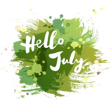 Merhaba Temmuz suluboya taklit arka plan üzerinde izole yazı el yazısı. Yazı sıcak sezon kart, sanat Dükkanı, logo, rozet, kartpostal, poster, afiş, web için. Vektör çizim.