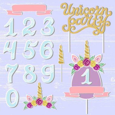 Vector set with Unicorn Party text, Unicorn Tiara, Horn, number. Unicorn Party lettering as patch, stick cake toppers, laser cut plastic, wooden toppers. Design elements for baby birth, Birthday party clipart