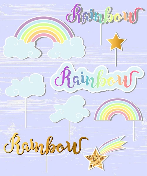 Rainbow ile ayarla bulut, yıldız vektör. Gökkuşağı yazı el yazısı. Gökkuşağı, clound, yıldızlı yama, sopa pasta toppers, lazer gibi kesilmiş plastik, ahşap toppers, sahne için gökkuşağı, tek boynuzlu at partisi, doğum günü.