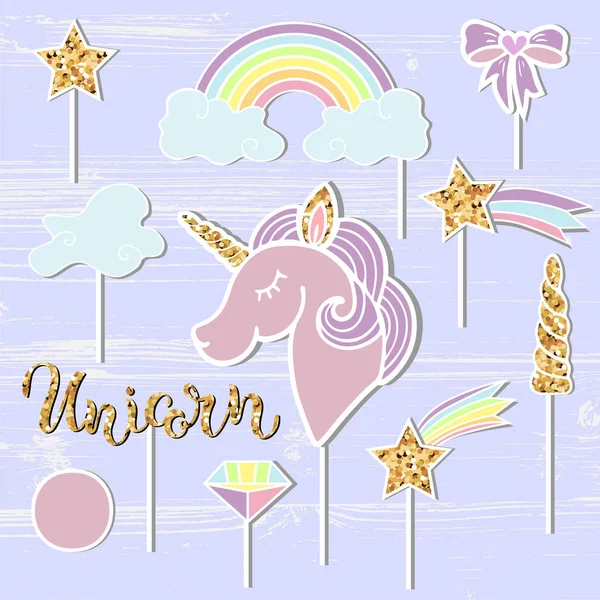 Set Vectores Con Unicornio Arco Iris Cuerno Estrella Diamante Letras — Archivo Imágenes Vectoriales