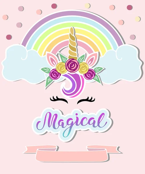 Tek boynuzlu at boynuz, taç, gökkuşağı şablonu. Magical yazı logo, rozet, yama, sahne el yazısı. Sihirli Unicorn parti, davet, mutlu doğum günü kartı için şablon.