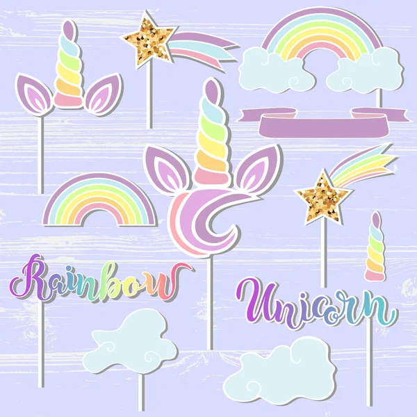 Set Vectores Con Unicornio Arco Iris Cuerno Estrella Unicornio Letras — Archivo Imágenes Vectoriales