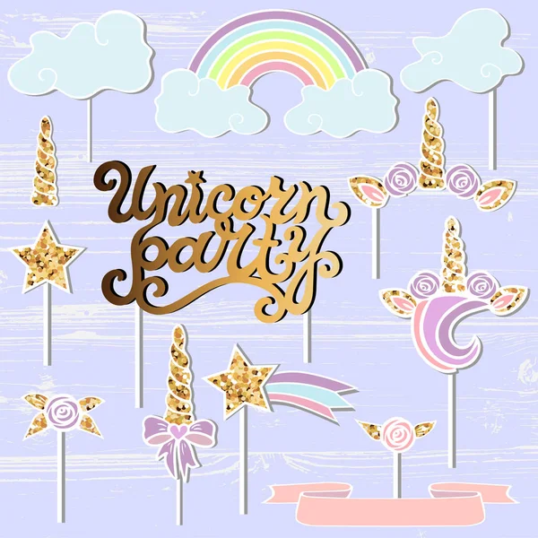 Set Vectores Con Unicornio Tiara Arco Iris Cuerno Estrella Unicornio — Archivo Imágenes Vectoriales