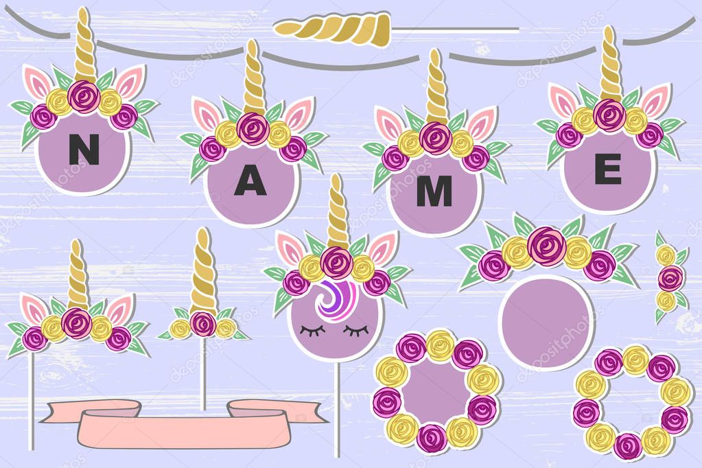 Vector set with Unicorn Tiara, Unicorn Horn, flower frame. Unicorn symbols as patch, stick cake topper, sticker, drink topper. Props for baby birth, Unicorn, Birthday party, First Birthday anniversary