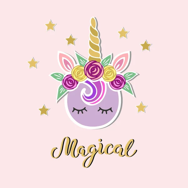 Ilustración Vectorial Con Unicornio Letras Manuscritas Mágico Como Parche Toppers — Vector de stock