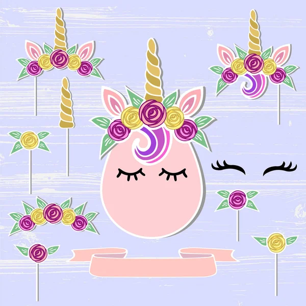 Set Vectores Con Unicornio Tiara Cuerno Corona Flores Unicornio Símbolos — Archivo Imágenes Vectoriales