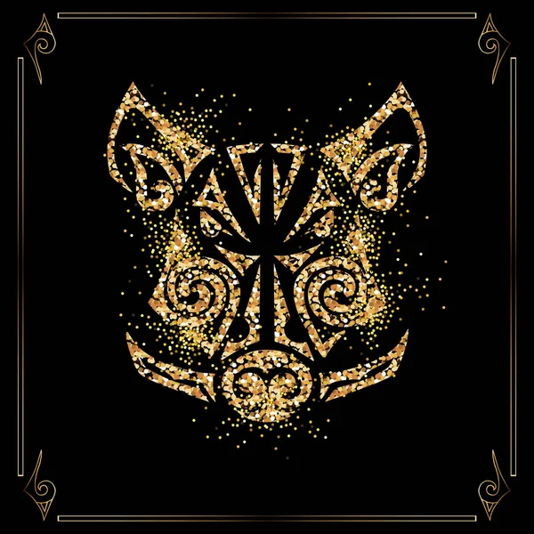 黄金のイノシシ 黒い背景に分離された豚頭 旧正月 2019年のシンボル マークです ベクトルの図 マオリの様式化された顔のタトゥー — ストックベクタ