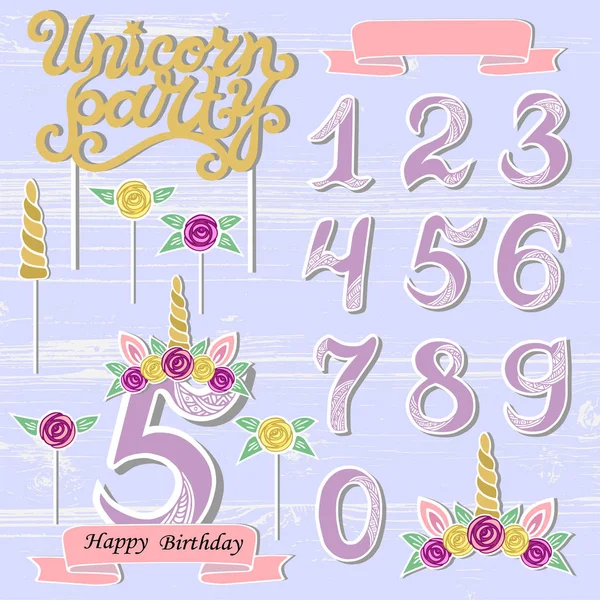 Vector Set Unicorn Tiara Numbers Horn Flower Unicorn Party Handwritten — Stock Vector