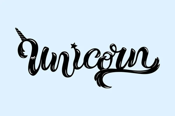 Tangan Ditarik Unicorn Huruf Latar Belakang Biru Ilustrasi Vektor Logotype - Stok Vektor