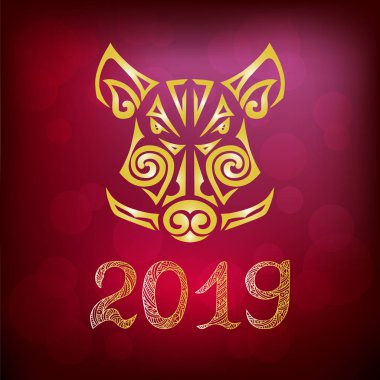 Yaban domuzu, domuz kafası kırmızı zemin üzerine izole. Sembol Çince 2019 yeni yılın. Vektör çizim. Stilize Maori yüz dövme.