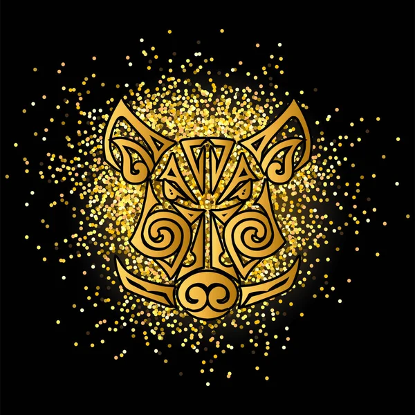 黄金のイノシシ 金の紙吹雪と黒の背景に分離された豚頭 旧正月 2019年のシンボル マークです ベクトルの図 マオリの様式化された顔のタトゥー — ストックベクタ