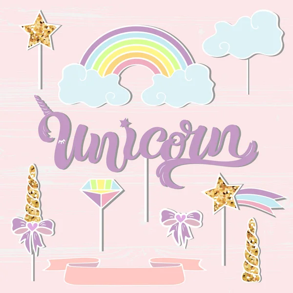 Set Vectores Con Unicornio Arco Iris Cuerno Nube Estrella Letras — Vector de stock