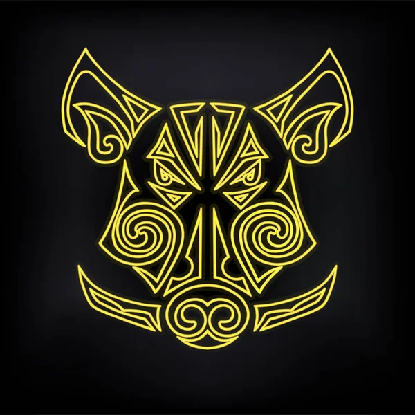 霓虹灯野猪 猪的头被孤立的黑色背景 中国2019新年的象征 矢量插图 风格的毛利人脸纹身 — 图库矢量图片