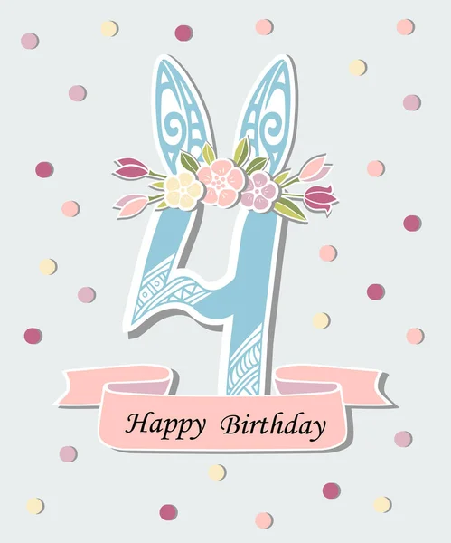 Vector Illustration Number Four Bunny Ears Flower Wreath Template Birthday — Stock Vector
