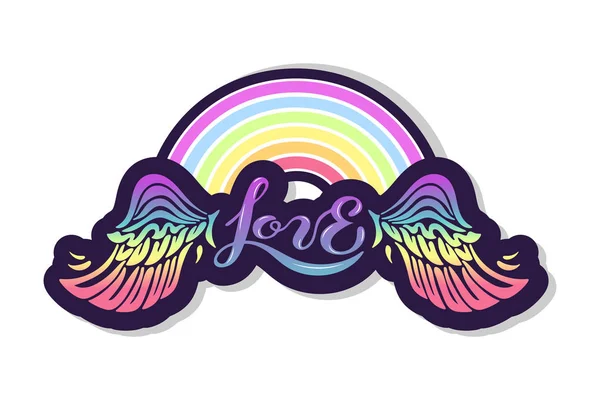 虹と背景に羽があるテキストが大好きです 手描きロゴ バッジ アイコン パッチとして愛をレタリングします Lgbt のコミュニティ 招待状 パーティー グリーティング — ストックベクタ