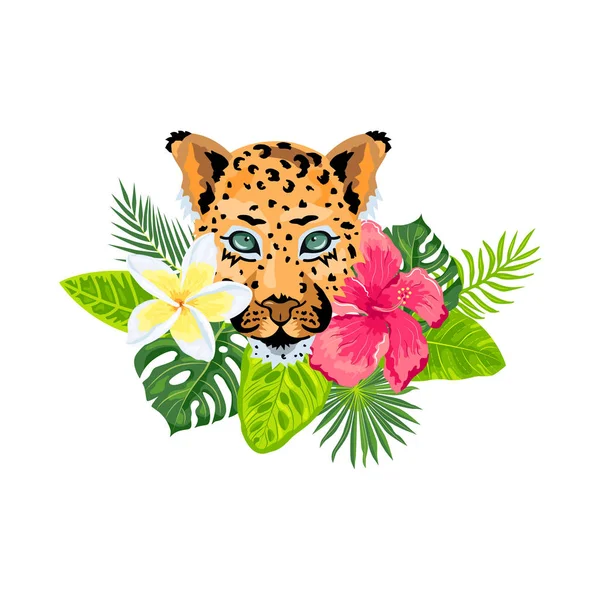 Лицо Леопарда Тропическими Листьями Плюмерия Гибискус Дизайн Листовки Плаката Отпечатка — стоковый вектор