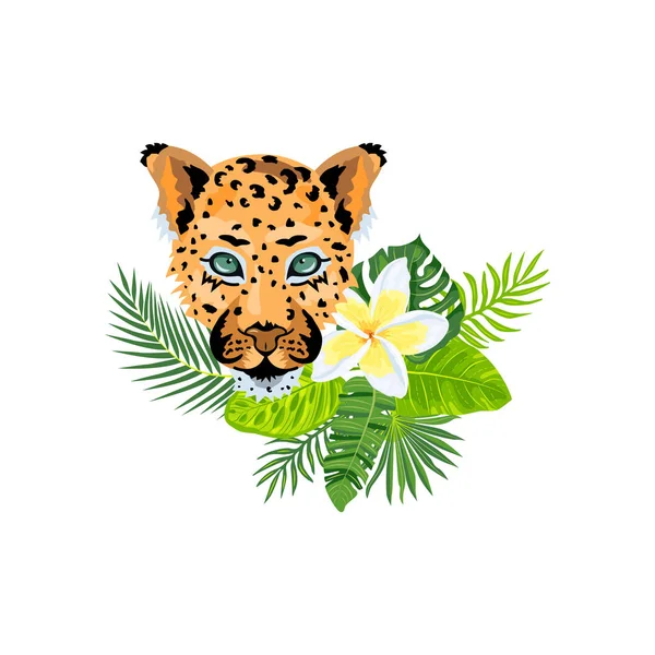 Cara Leopardo Com Folhas Tropicais Plumeria Flor Exótica Design Para — Vetor de Stock