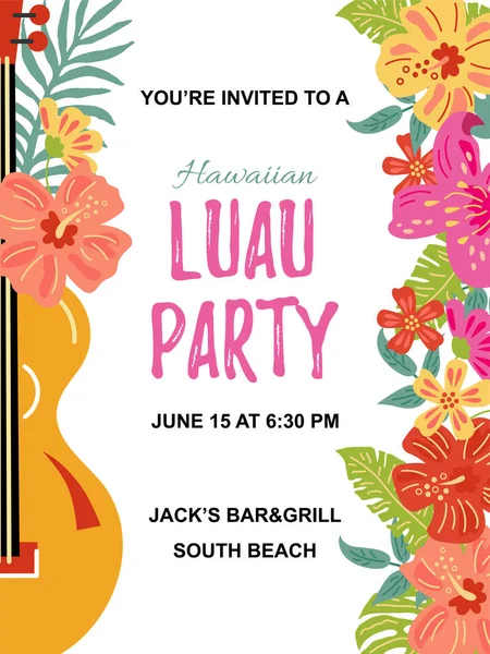 Guitar with jungle flowers, exotic leaves. Hawaiian Luau party invitation vector illustration. Hand drawn sketch style. Place for text. Template for vacation, poster, banner, flyer. Flat style design.